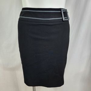 Larry Levine Stretch Black Pencil SKIRT  Womens Size 10 Buckle Faux Belt Gray